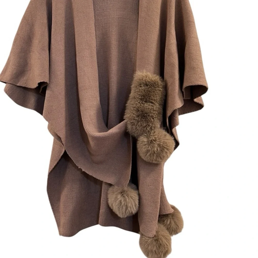 Knit Faux Fur Keyhole  Pom Pom Edge Scarf Wrap Shawl dh.
